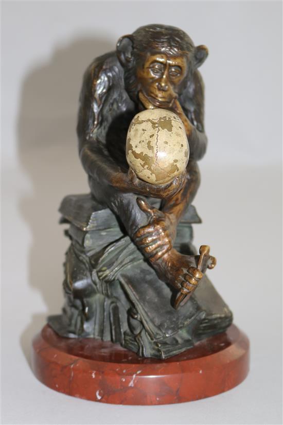 Wolfgang Hugo Rheinhold (1853-1900). A patinated and cold painted bronze sculpture ape with skull, 7.5in.